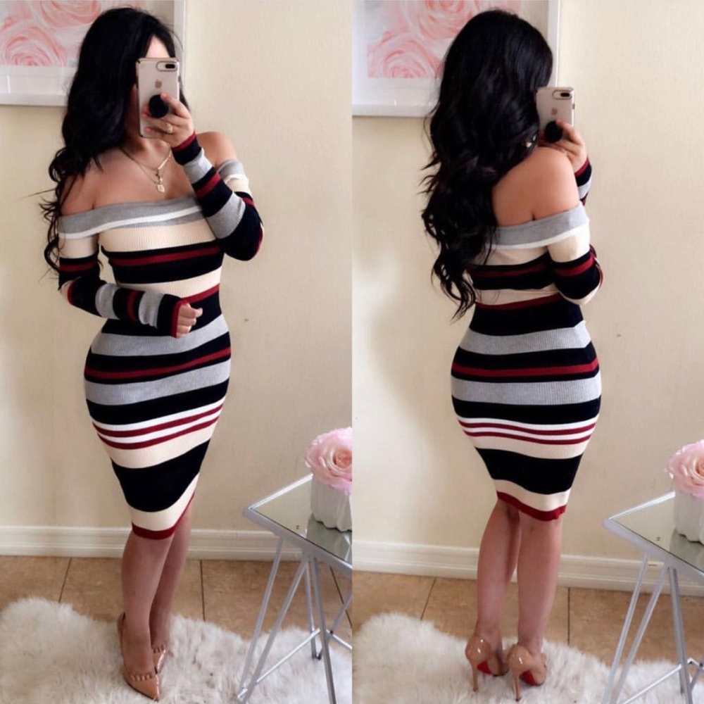 Hot Miami Styles Dress with Stripes (Burgundy)